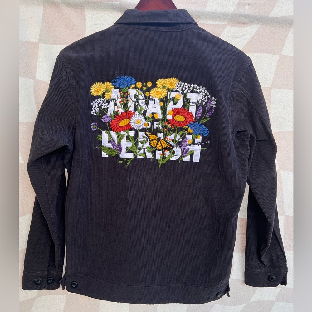 Raised By Wolves men’s gray corduroy “Adapt or Perish” zip up